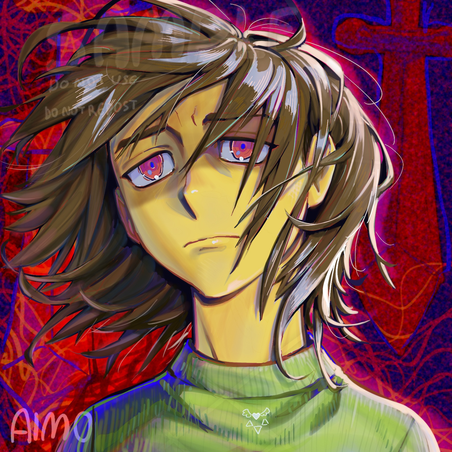 A digital drawing of Kris from the video game DELTARUNE, witha melancholic facial expression. Their hair is blowing with the wind