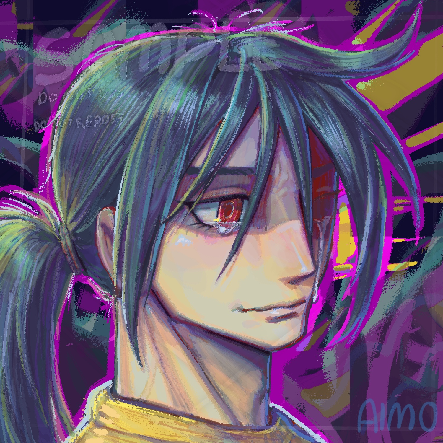 A digital drawing of a teenager, head is facing to his right. He wears a low ponytail, long unkempt bangs, and a yellow top. Appears sad and helpless from his facial expression, he wears a sad smile and tears are falling from his eyes.